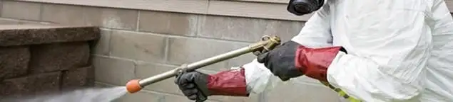 Pest control technician applying exterior insect treatment along a home foundation in Boise, ID