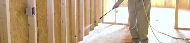 Termite treatment technician applying spray along framing and unfinished walls in Boise, ID